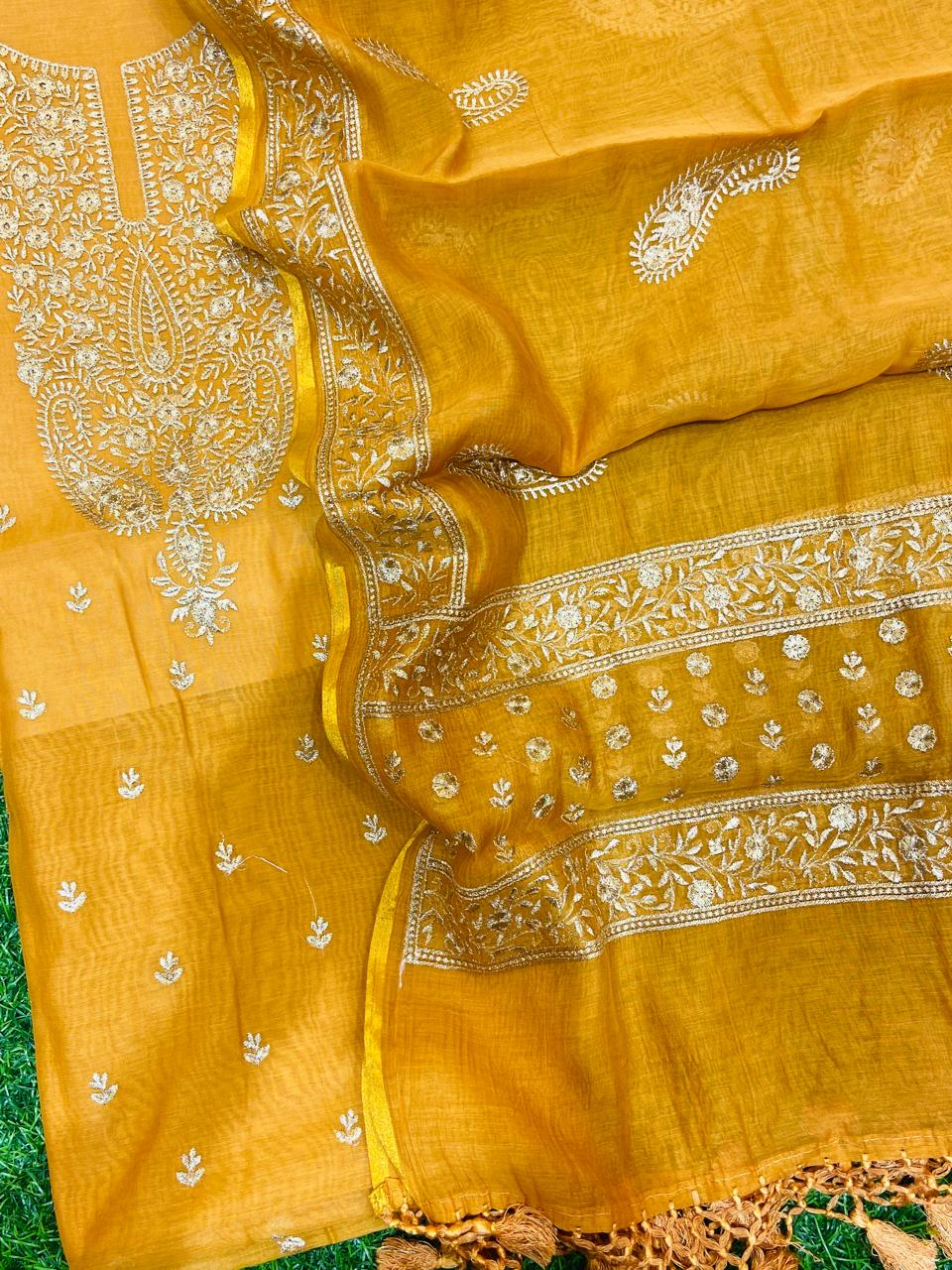 Pure Banarasi Resham Mal Chanderi Silk Zari Unstitched Suit with Beautiful Neck Embroidery.