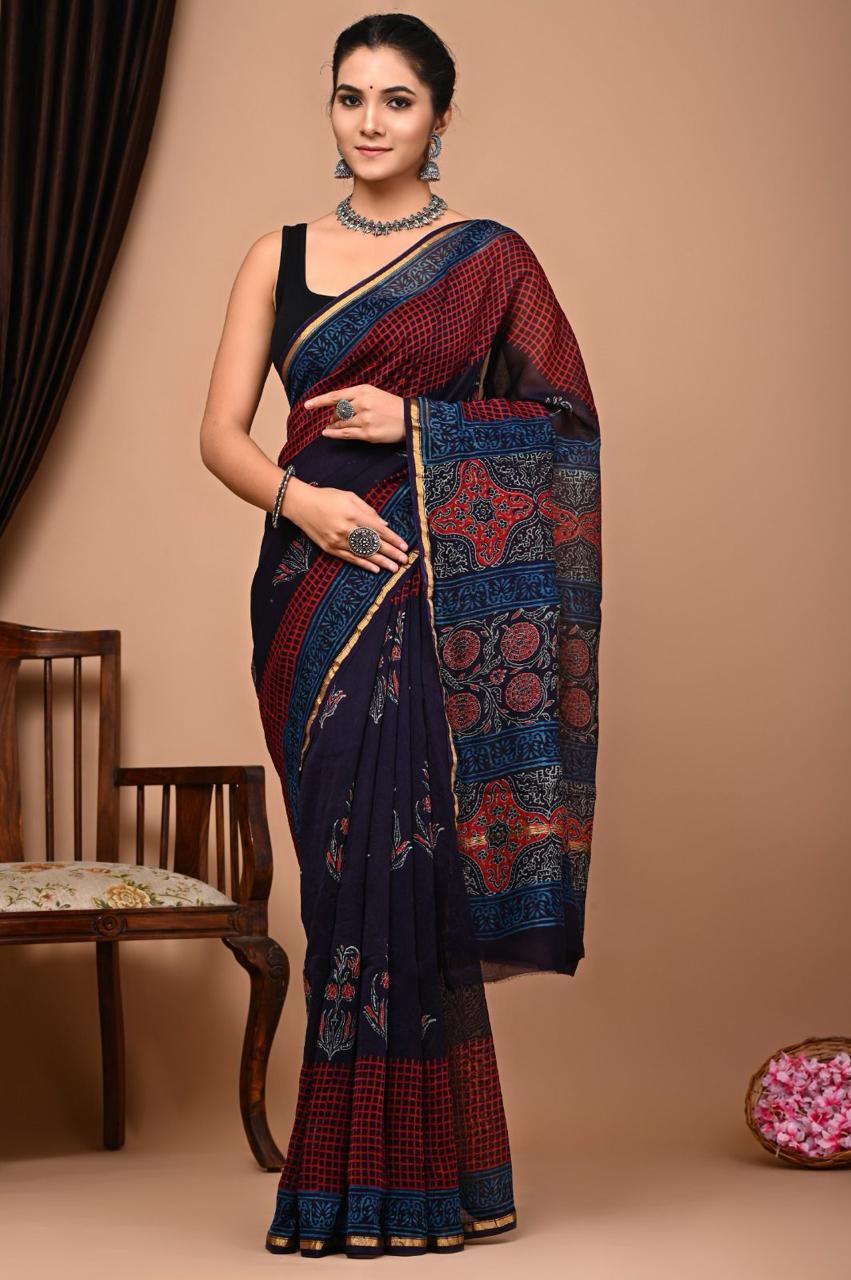 Hand Block Prninted Chanderi Saree .