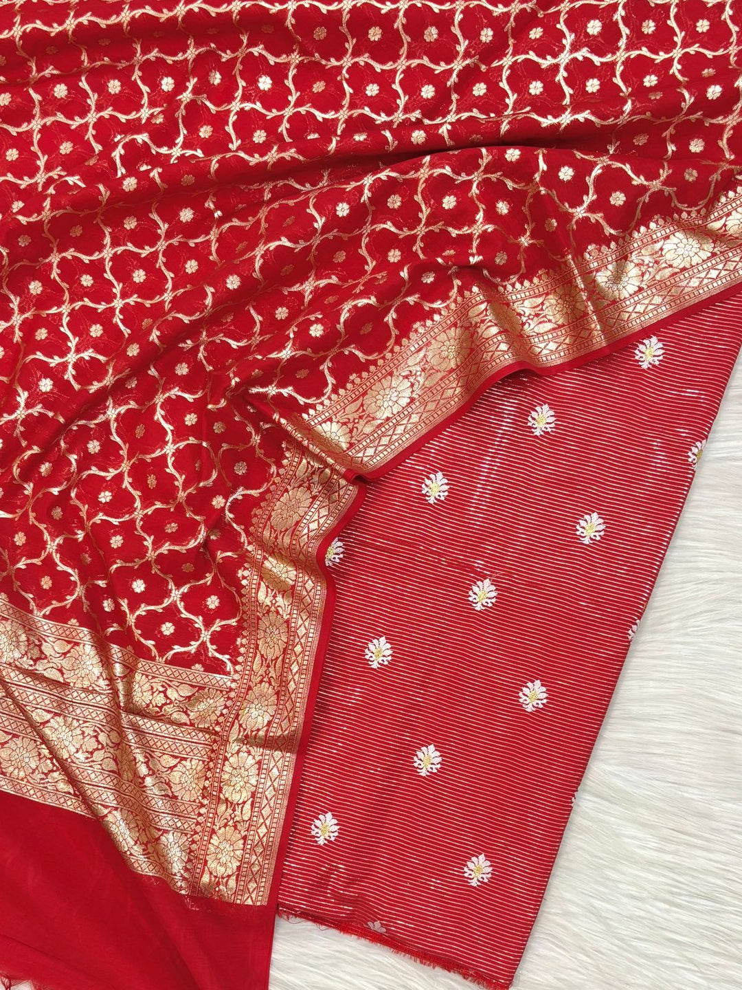 Banarasi Chanderi Lorex Mini Stripes and Zari work Unstitched Suit.