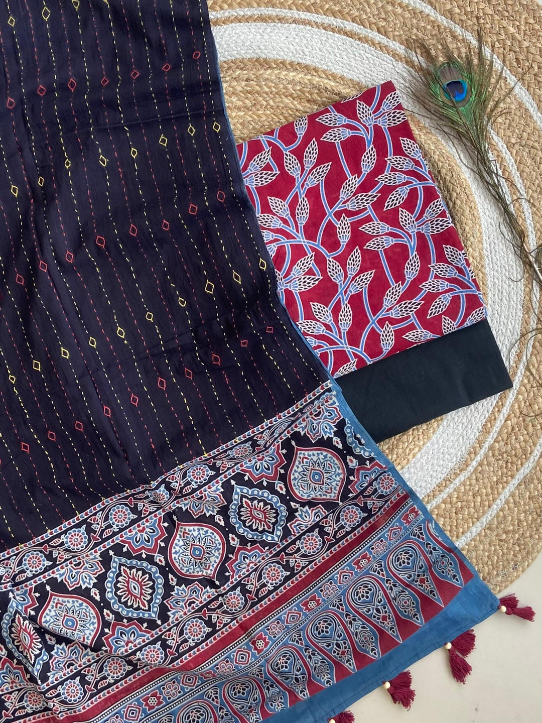 Pure Cotton Azrakh Print Unstitched suit Whit Kantha Work Dupatta
