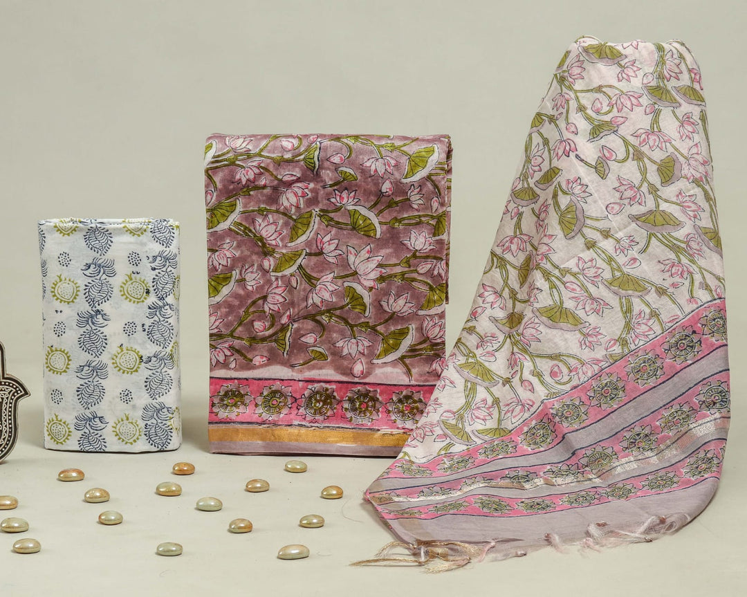 Pure Hand Block Chanderi Silk Unstitched Suit.