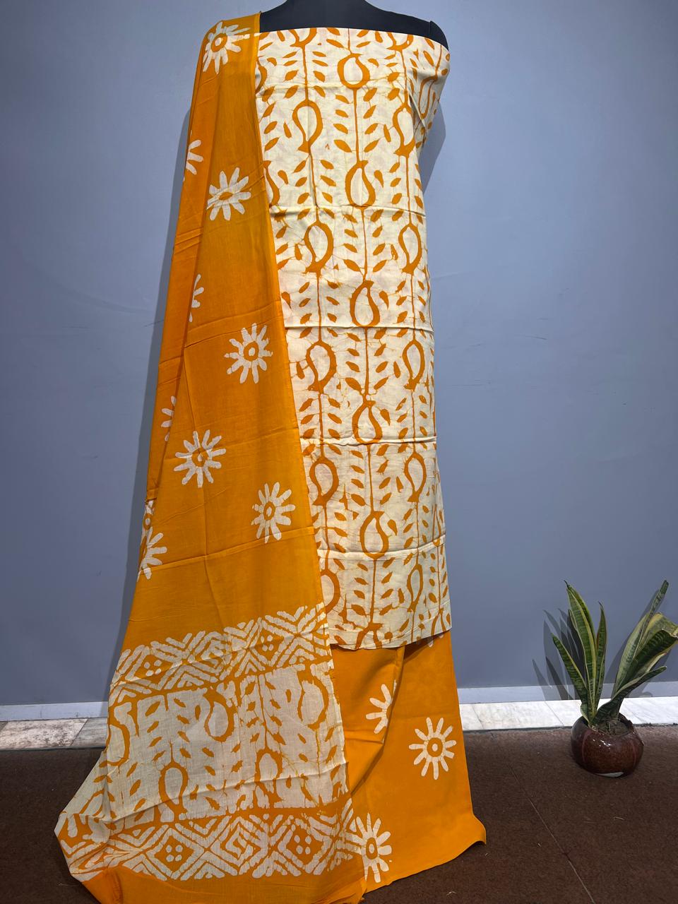 Pure Cotton Hand Block Print Unstitched Suit With Cotton Dupatta