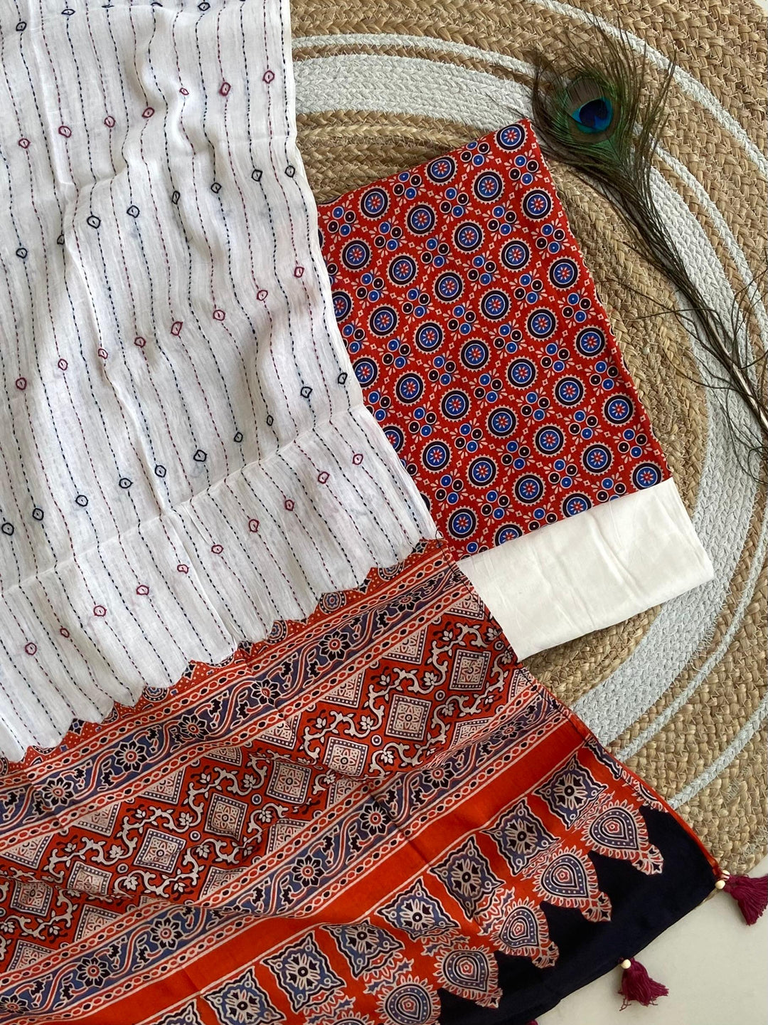 Pure Cotton Azrakh Print Unstitched suit Whit Kantha Work Dupatta