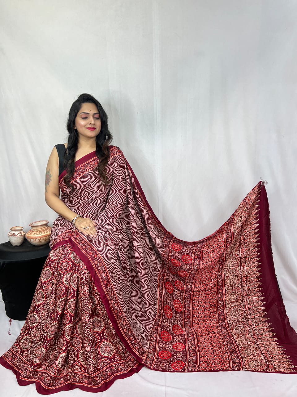 Pure Natural Dyeing Hand Block Print Modal silk saree.