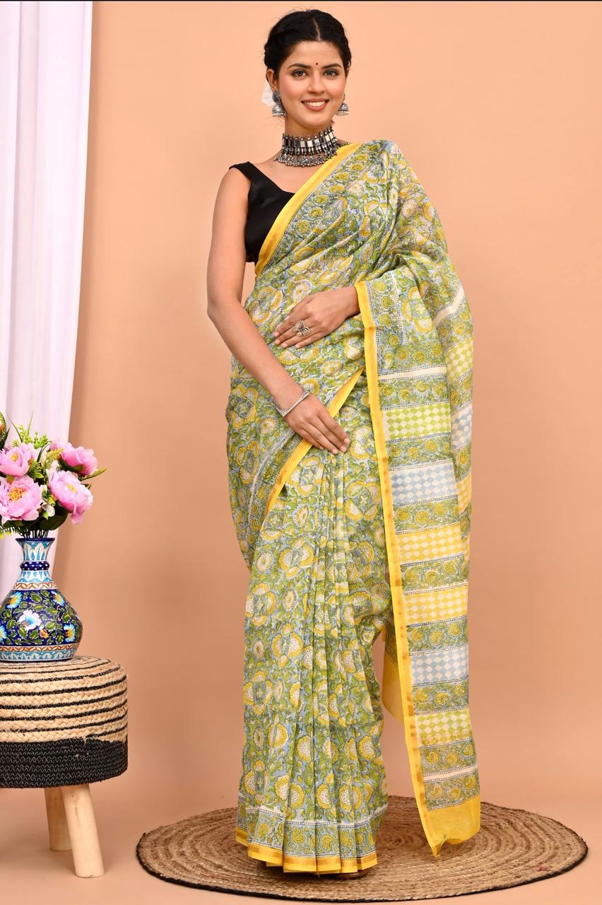 Hand Block Prninted Chanderi Saree .