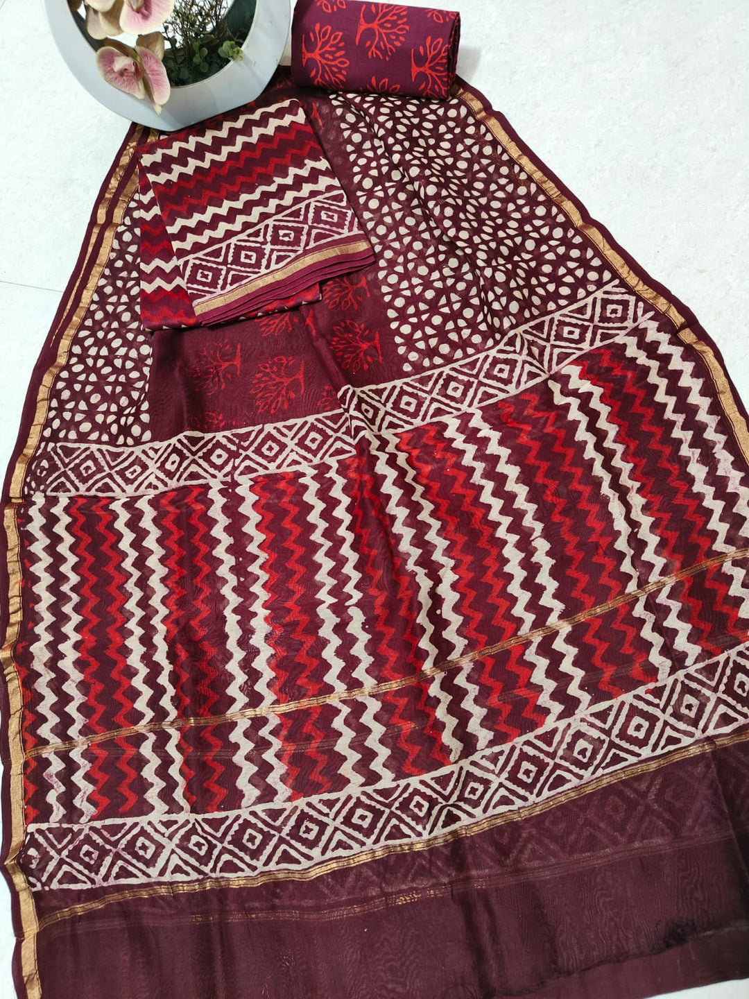 Pure Hand Block Chanderi Silk Unstitched Suit .
