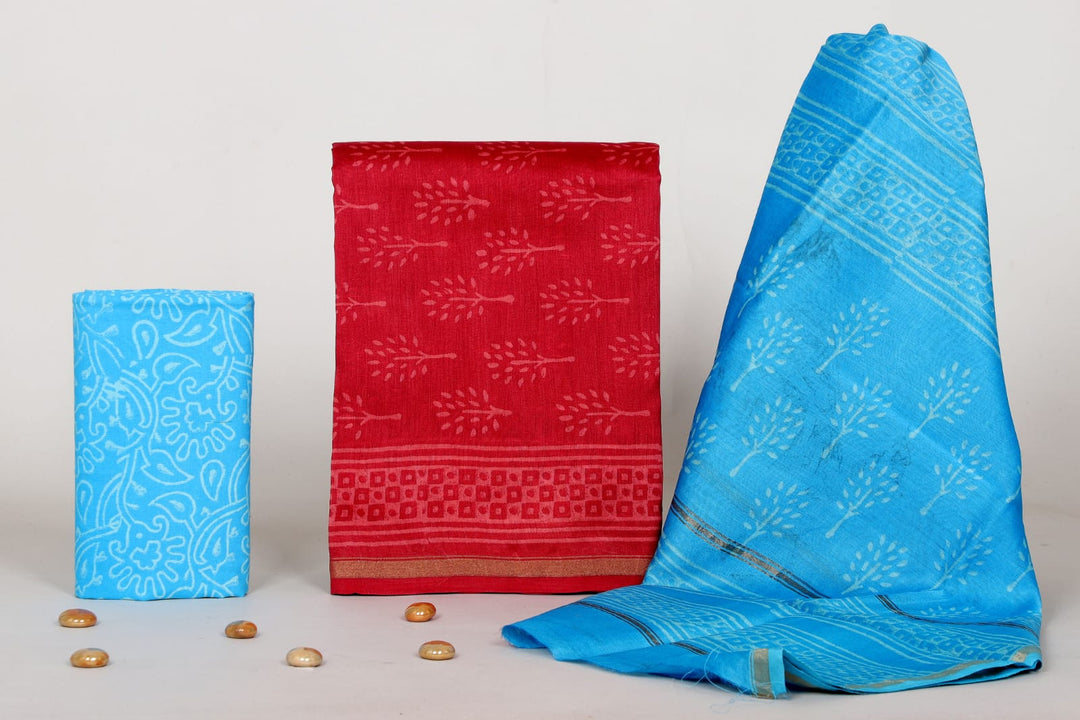 Pure Hand Block Chanderi Silk Unstitched Suit