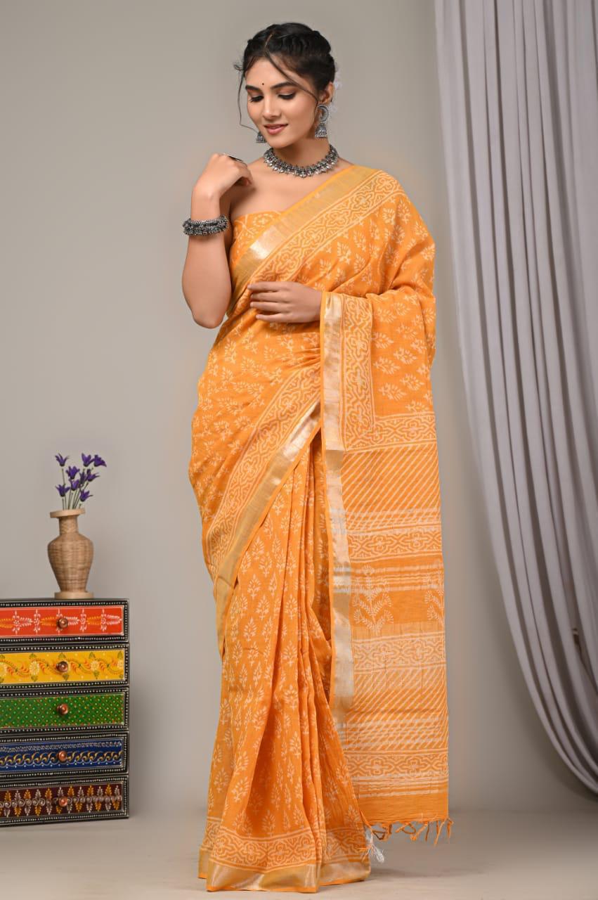 Hand Block Print Linen Saree with Blouse .