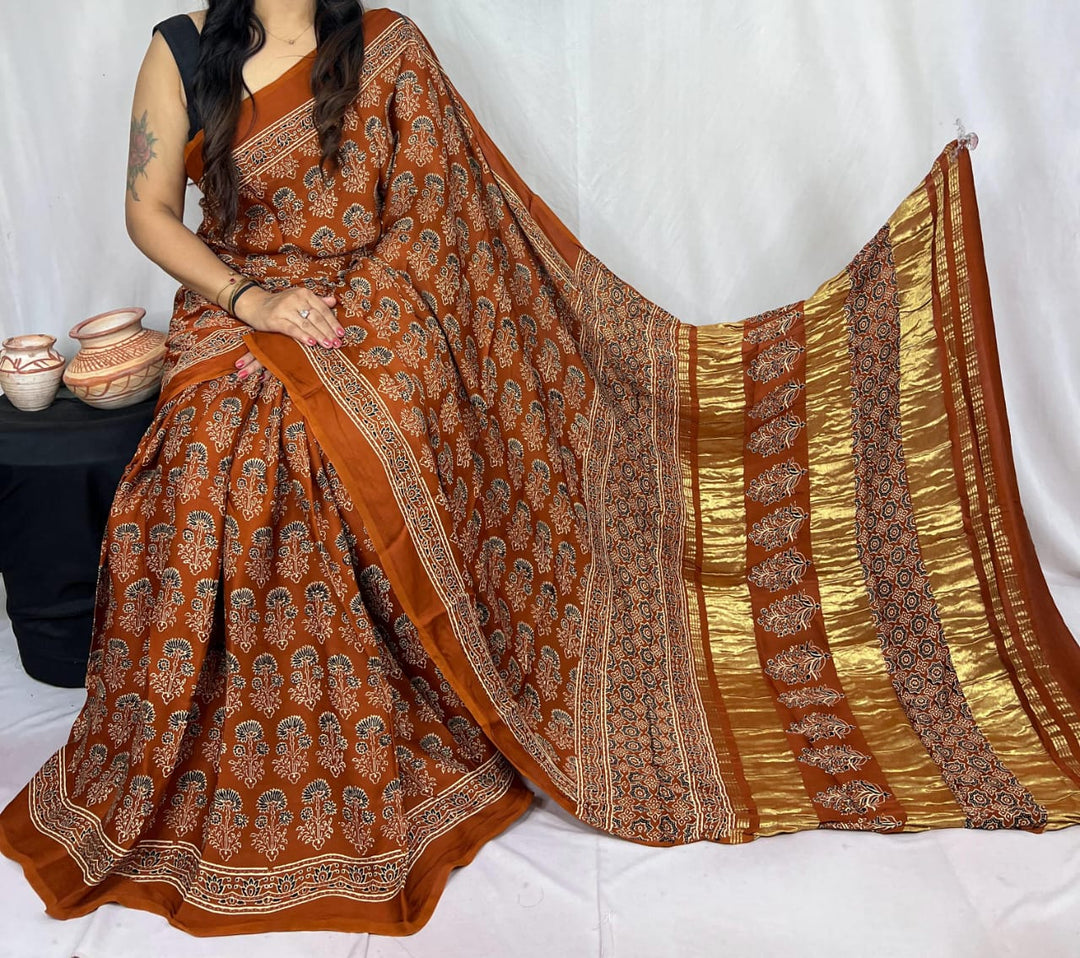 Pure Natural Dyeing Hand Block Print Modal silk saree.