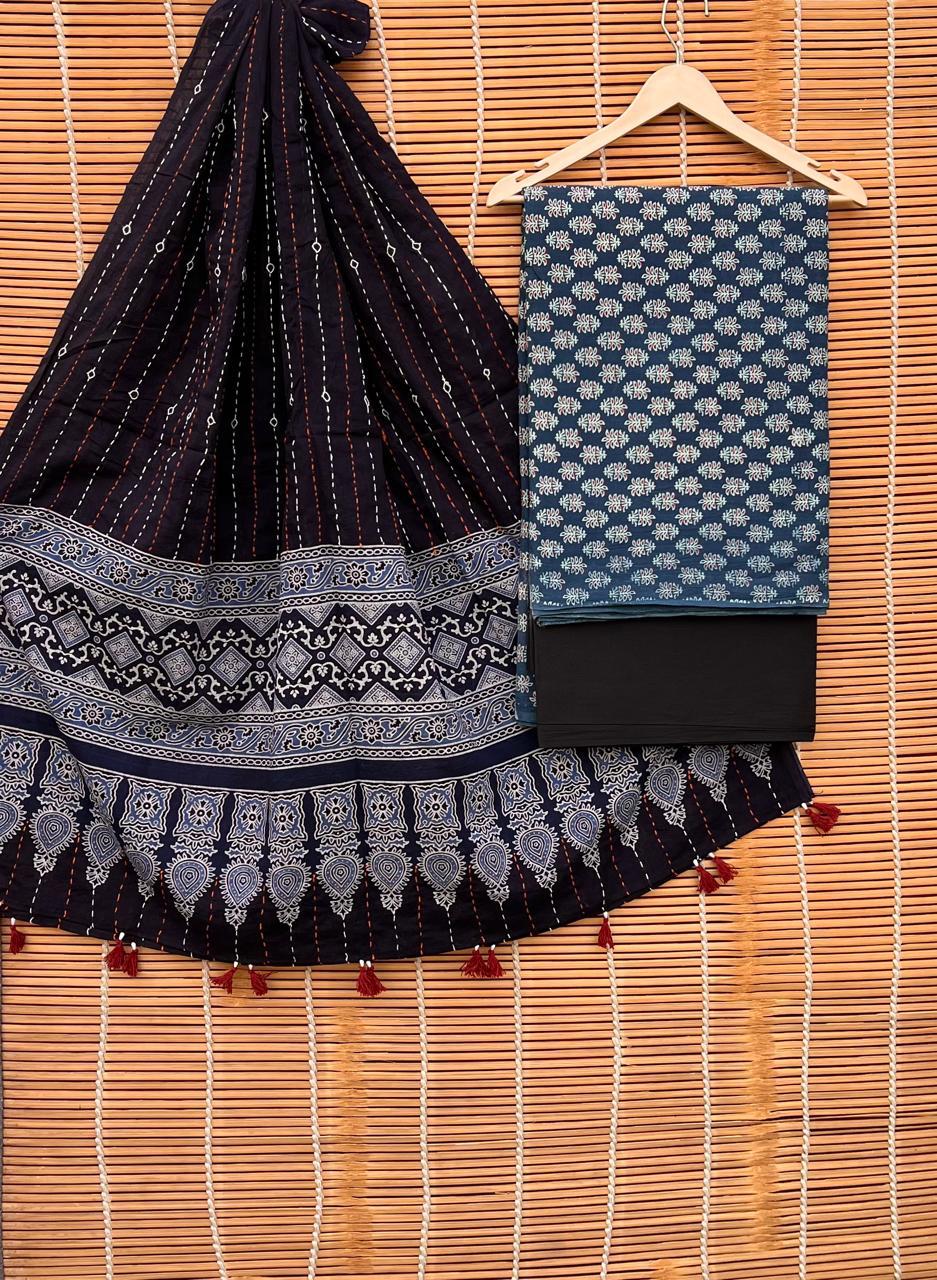 Pure Cotton Azrakh Print Unstitched suit Whit Kantha Work Dupatta.