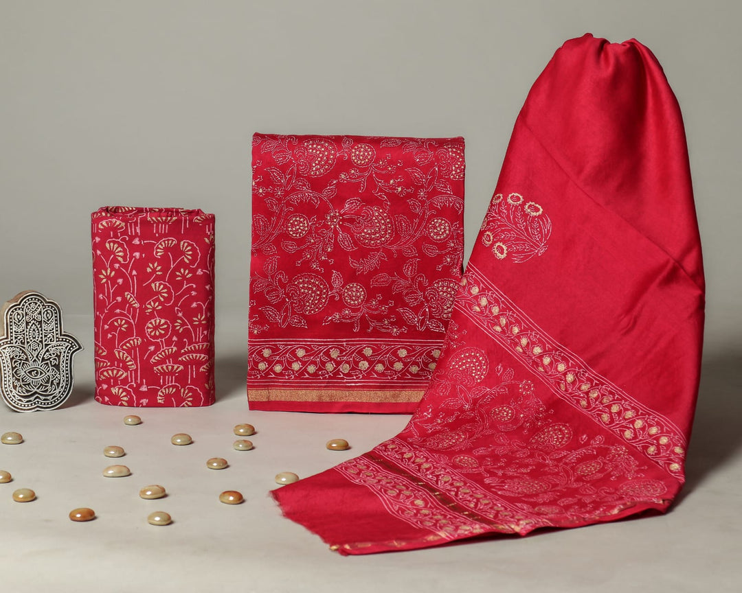 Pure Hand Block Chanderi Silk Unstitched Suit.