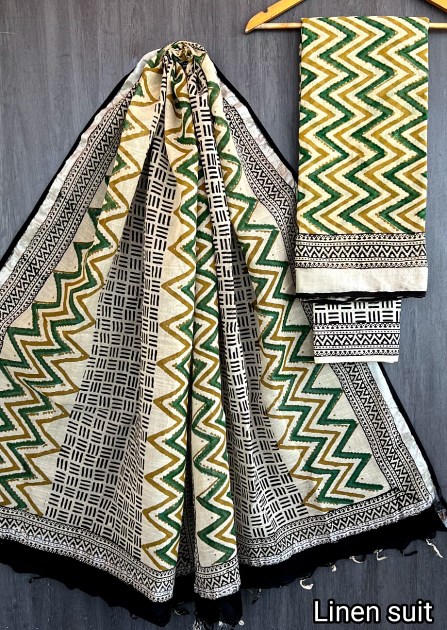 Hand Block Printed Linen Unstitched Suit .
