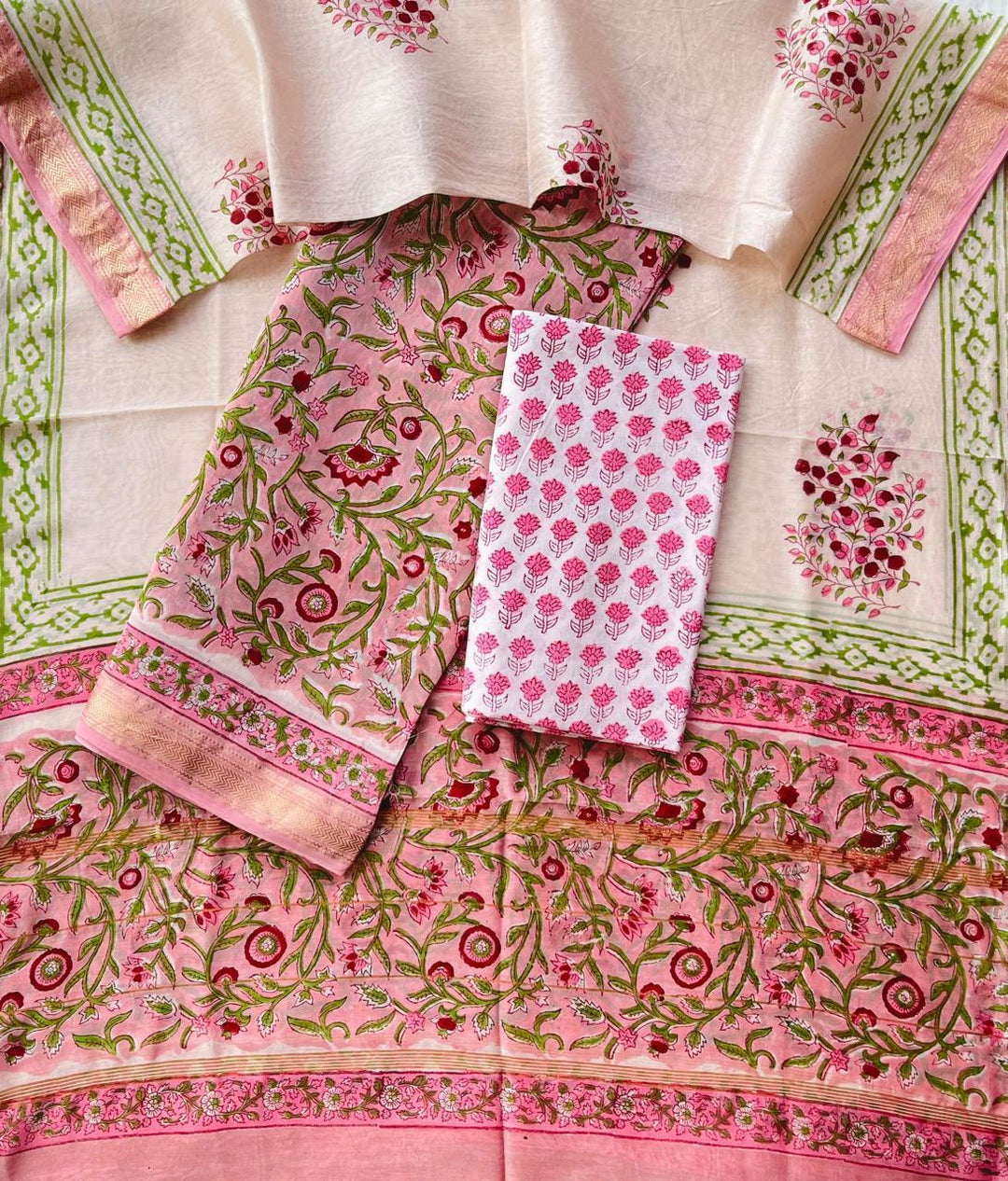 Pure Maheshwari Silk Hand block print Unstitched Suit.