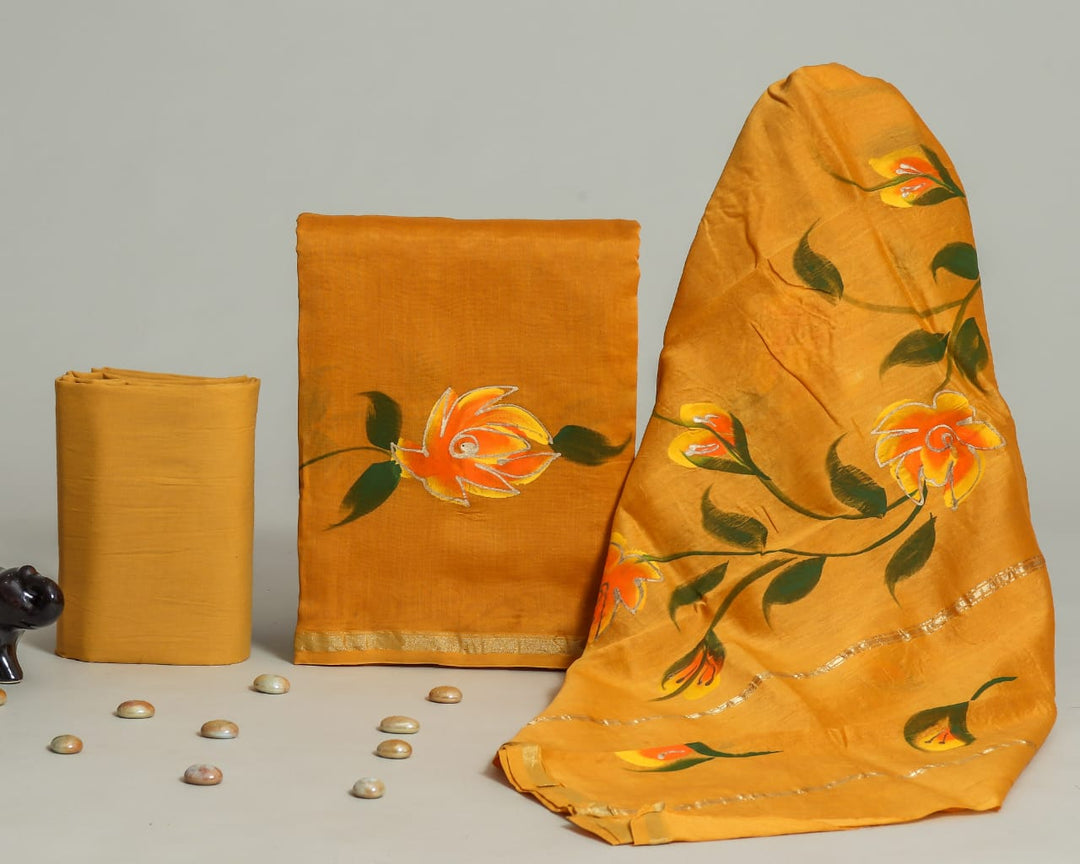 Pure Hand Block Chanderi Silk Unstitched Suit.