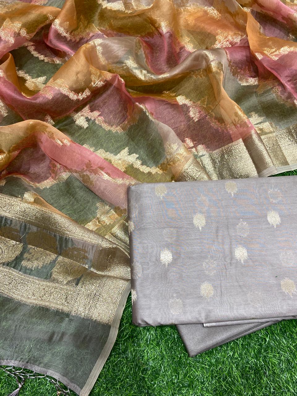 Pure Banarasi Chanderi Silk Zari Work Unstitched Suit With Banarasi Organza Rangkart Dupatta.