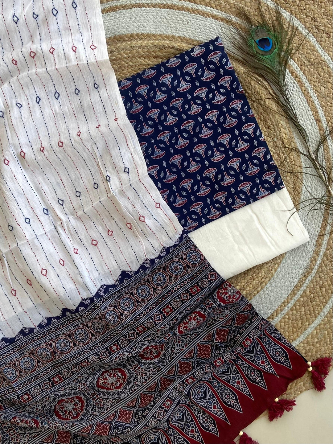 Pure Cotton Azrakh Print Unstitched suit Whit Kantha Work Dupatta