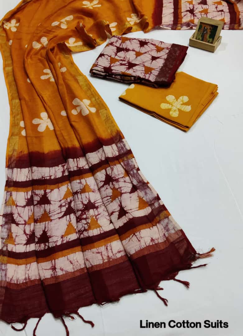 Hand Block Printed Linen Unstitched Suit .