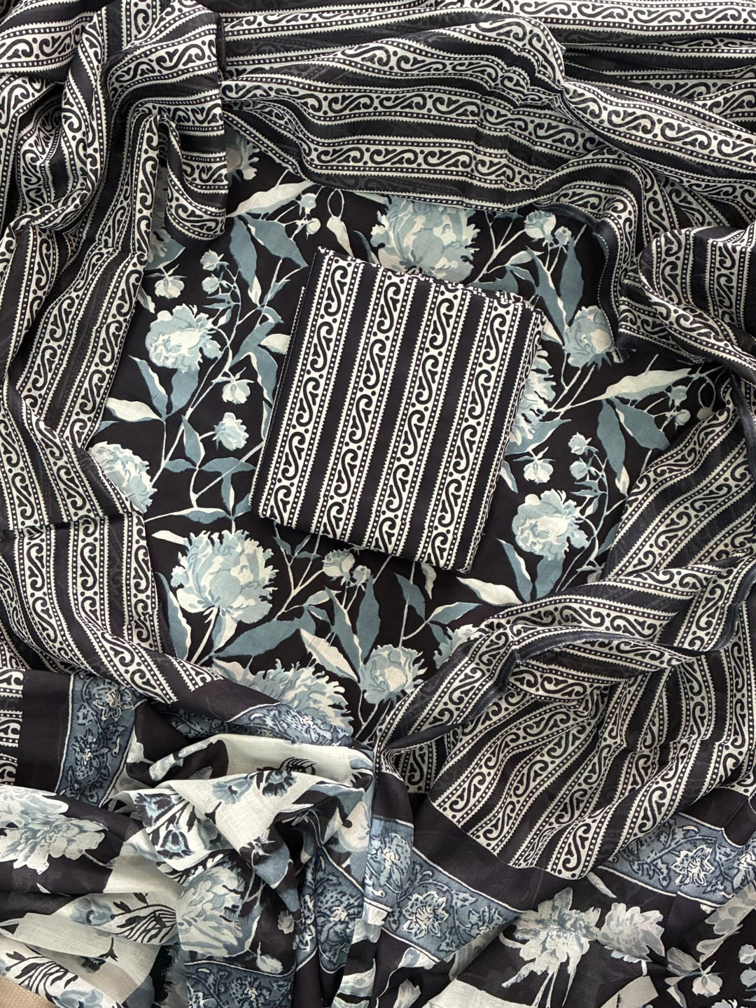 Pure Cotton Hand Block Print Unstitched Suit with Cotton Dupatta.