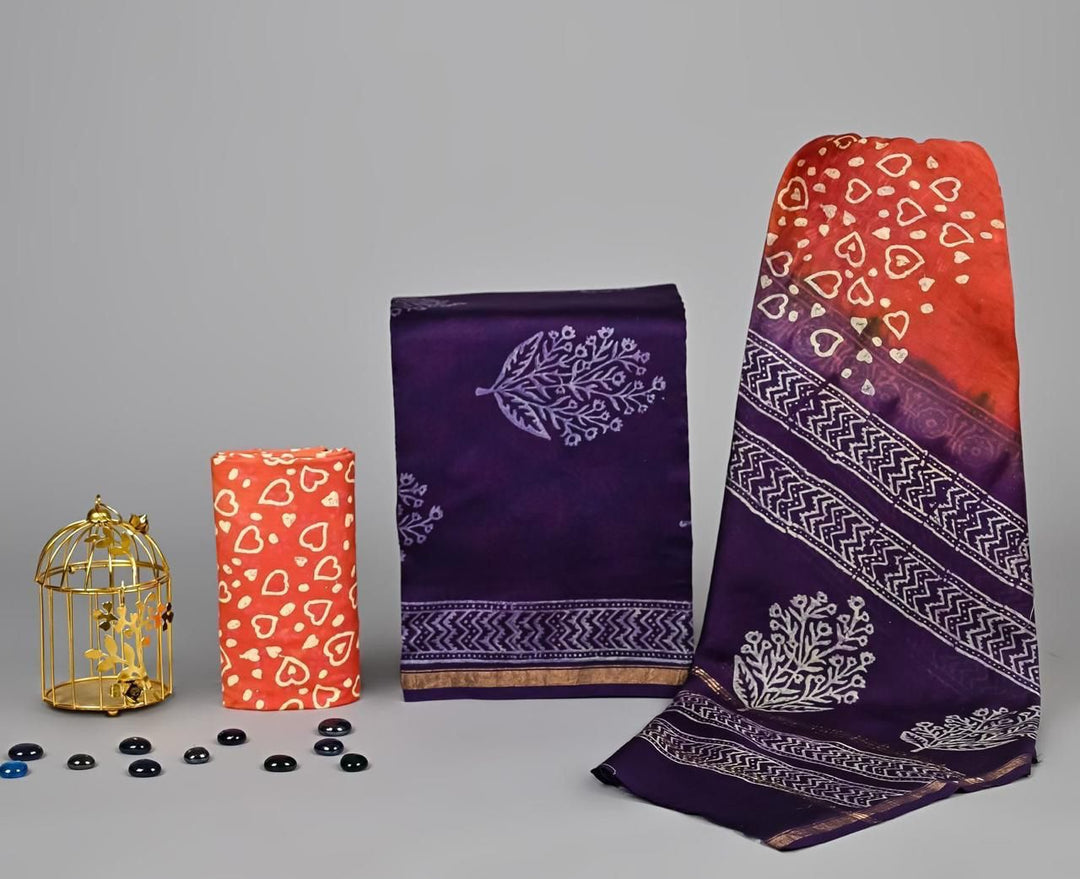 Pure Hand Block Chanderi Silk Unstitched Suit.