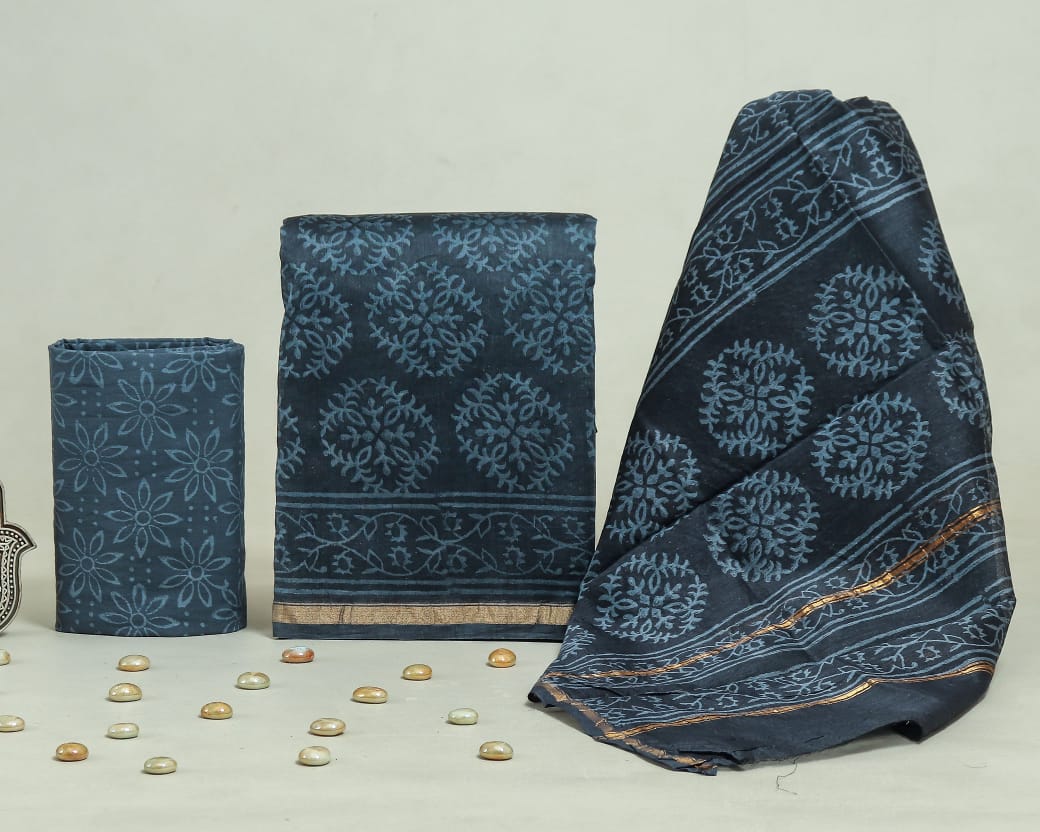 Pure Hand Block Chanderi Silk Unstitched Suit.