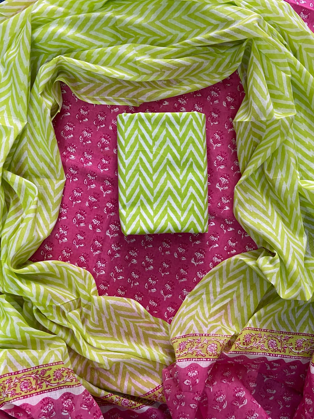 Pure Cotton Hand Block Print Unstitched Suit with Cotton Dupatta.