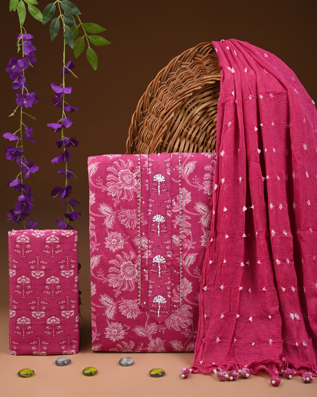 Pure Cotton Gotta patti Work unstitched Suit With Chiffon Dupatta.