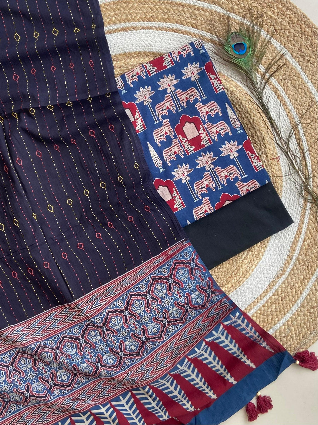 Pure Cotton Azrakh Print Unstitched suit Whit Kantha Work Dupatta