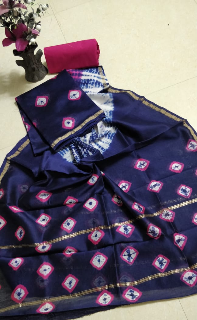 Pure Hand Block Chanderi Silk Unstitched Suit .
