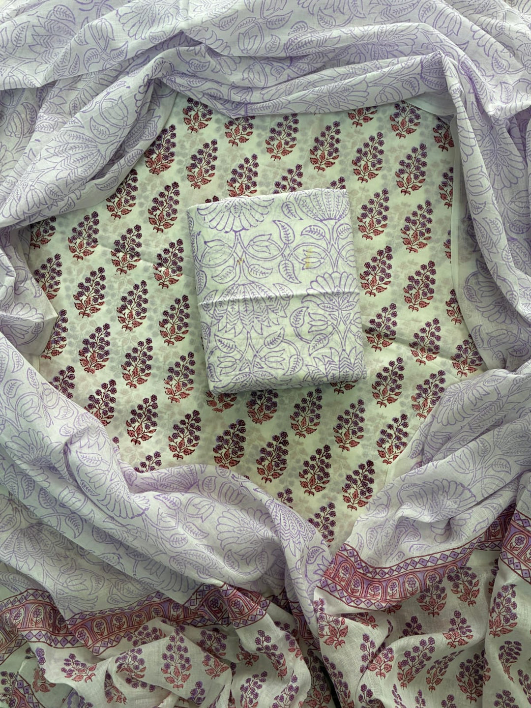 Pure Cotton Hand Block Print Unstitched Suit with Cotton Dupatta.