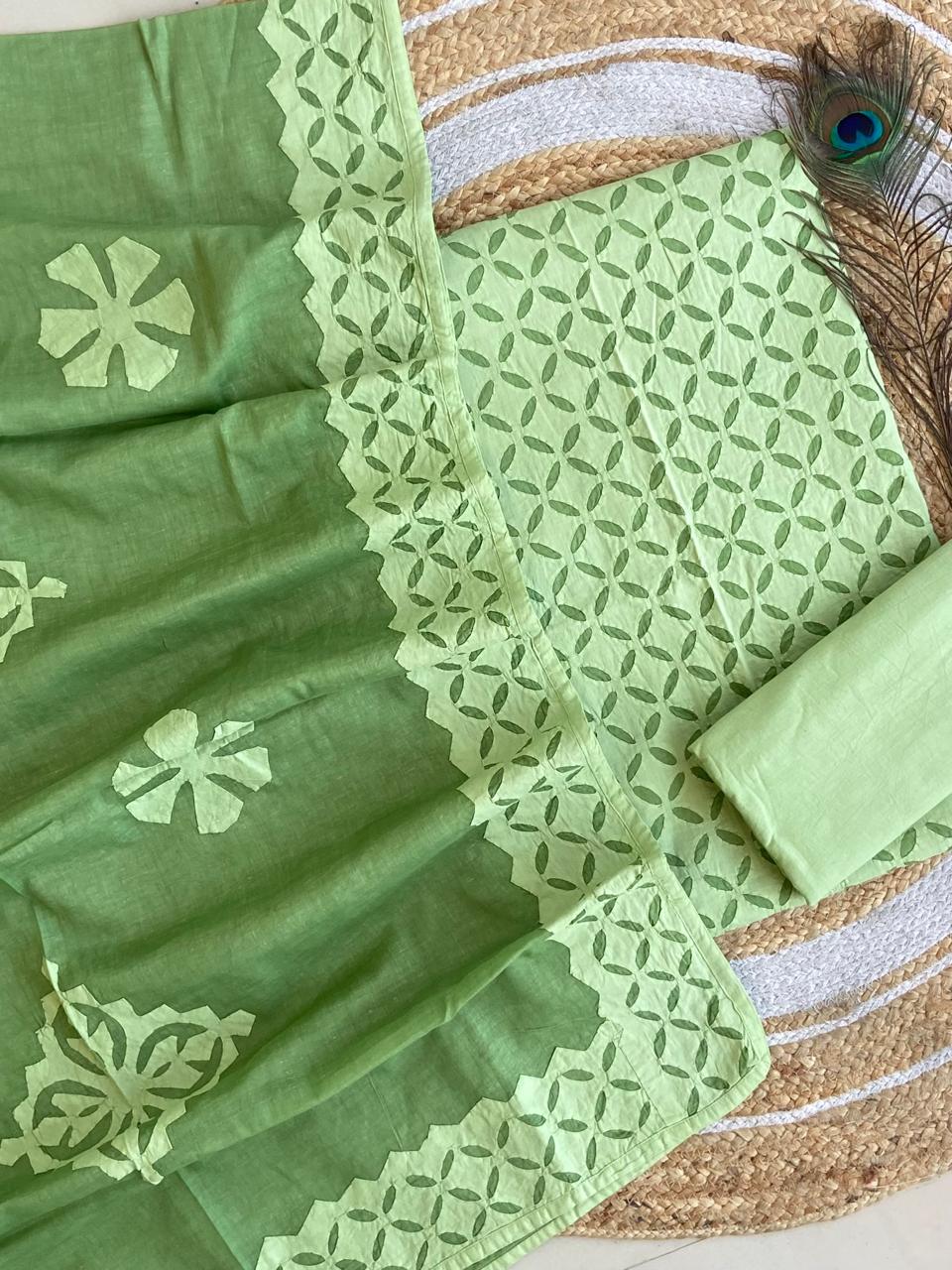 Pure Cotton Applique Work Unstitched Suit With Cotton Applique Work Dupatta .