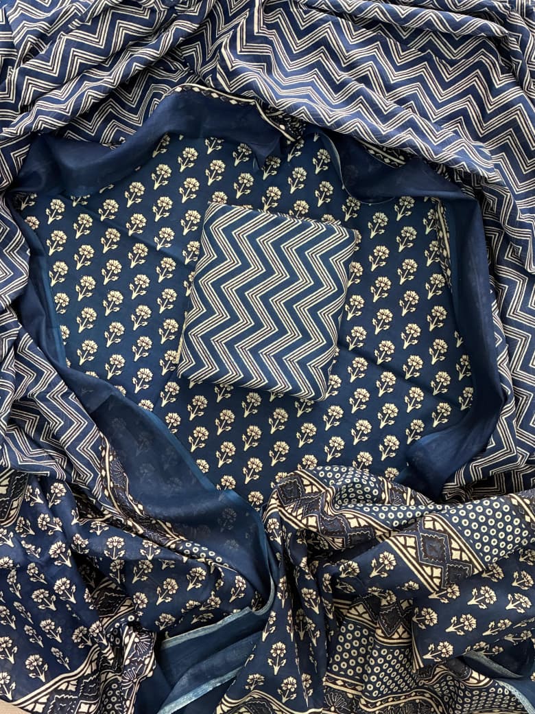 Pure Cotton Hand Block Print Unstitched Suit with Cotton Dupatta.
