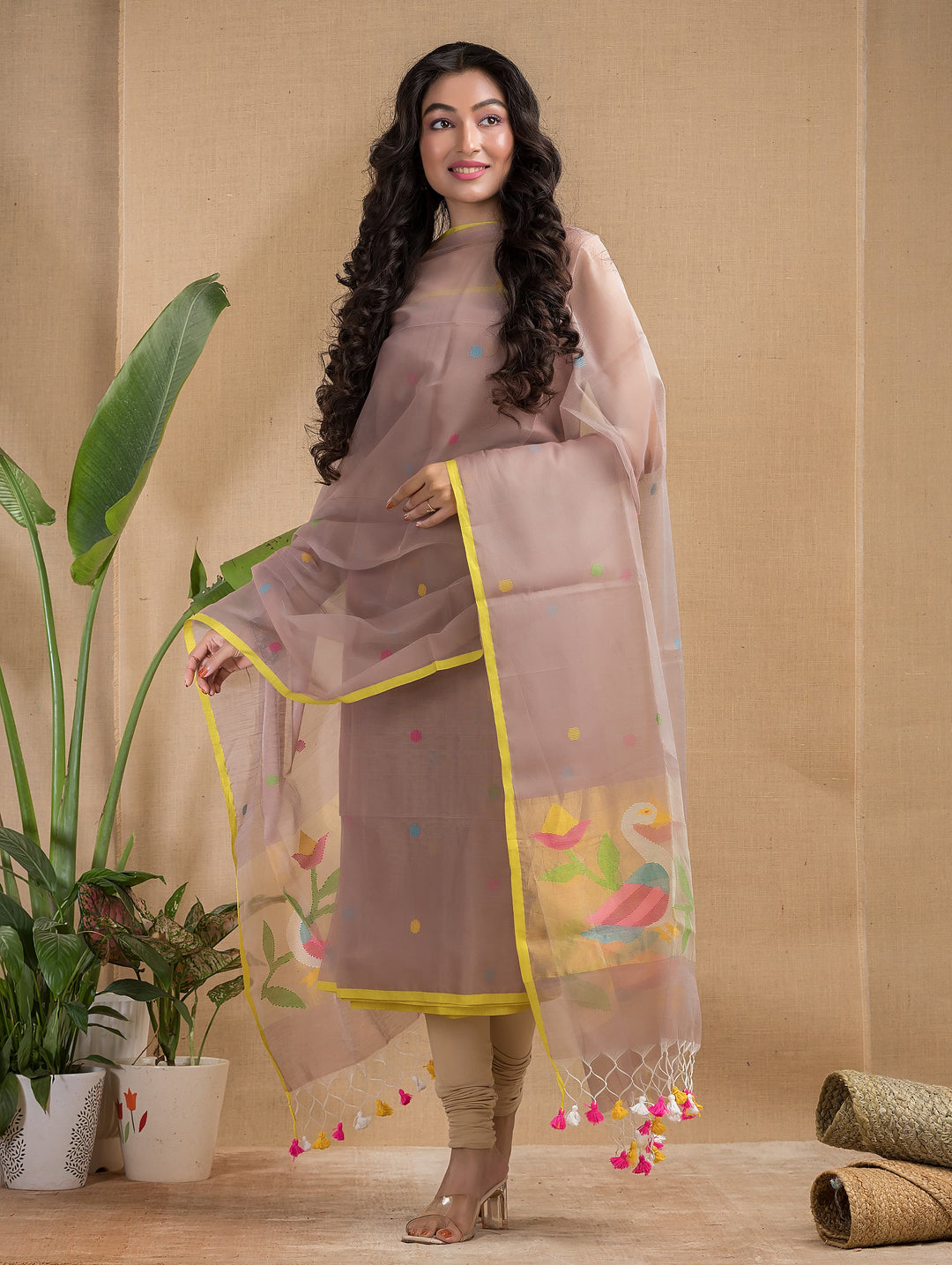 Pure Maslin silk 2PC Jamdani Handwork Unstitched Suit .