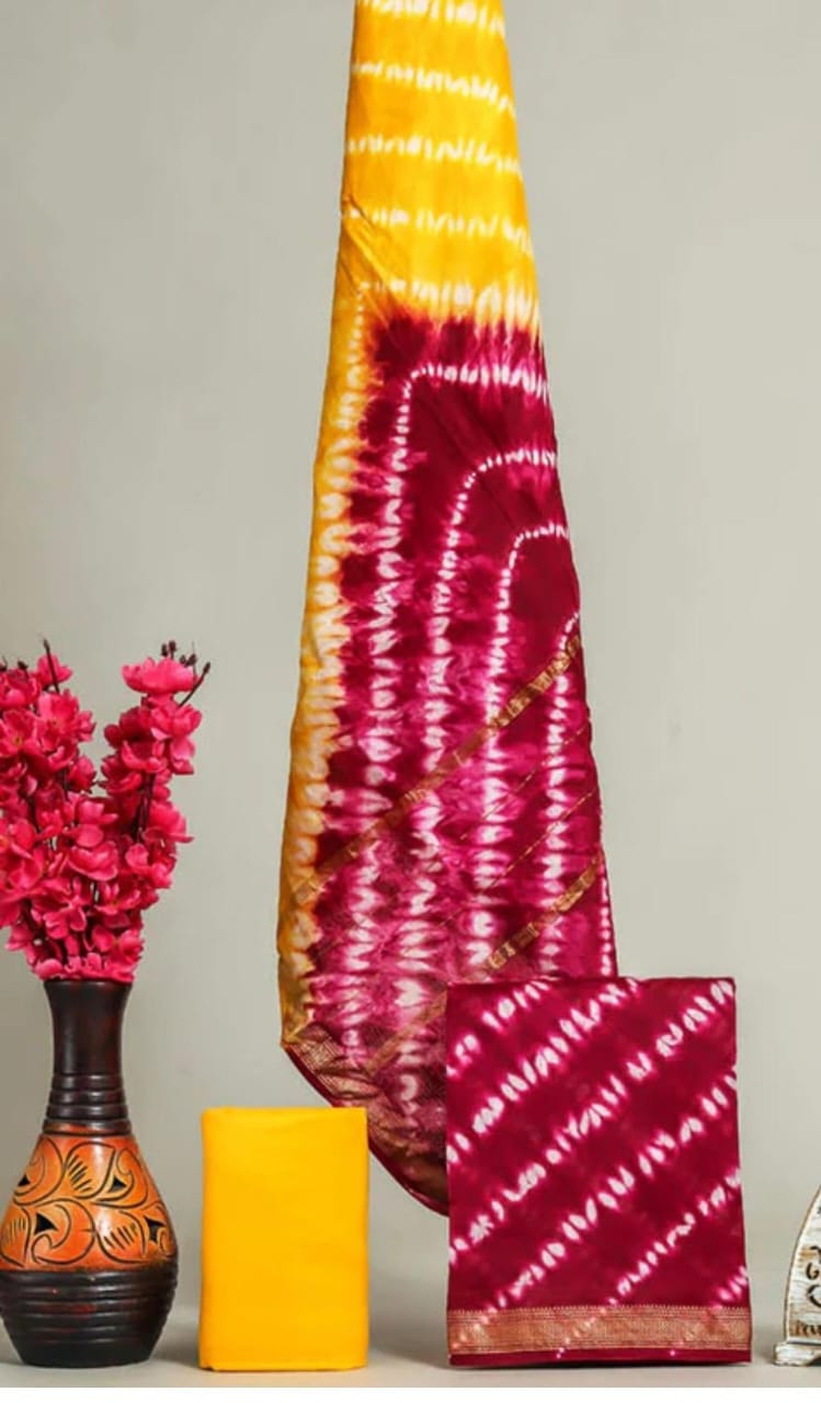 Pure Maheshwari Silk Hand block print Unstitched Suit.