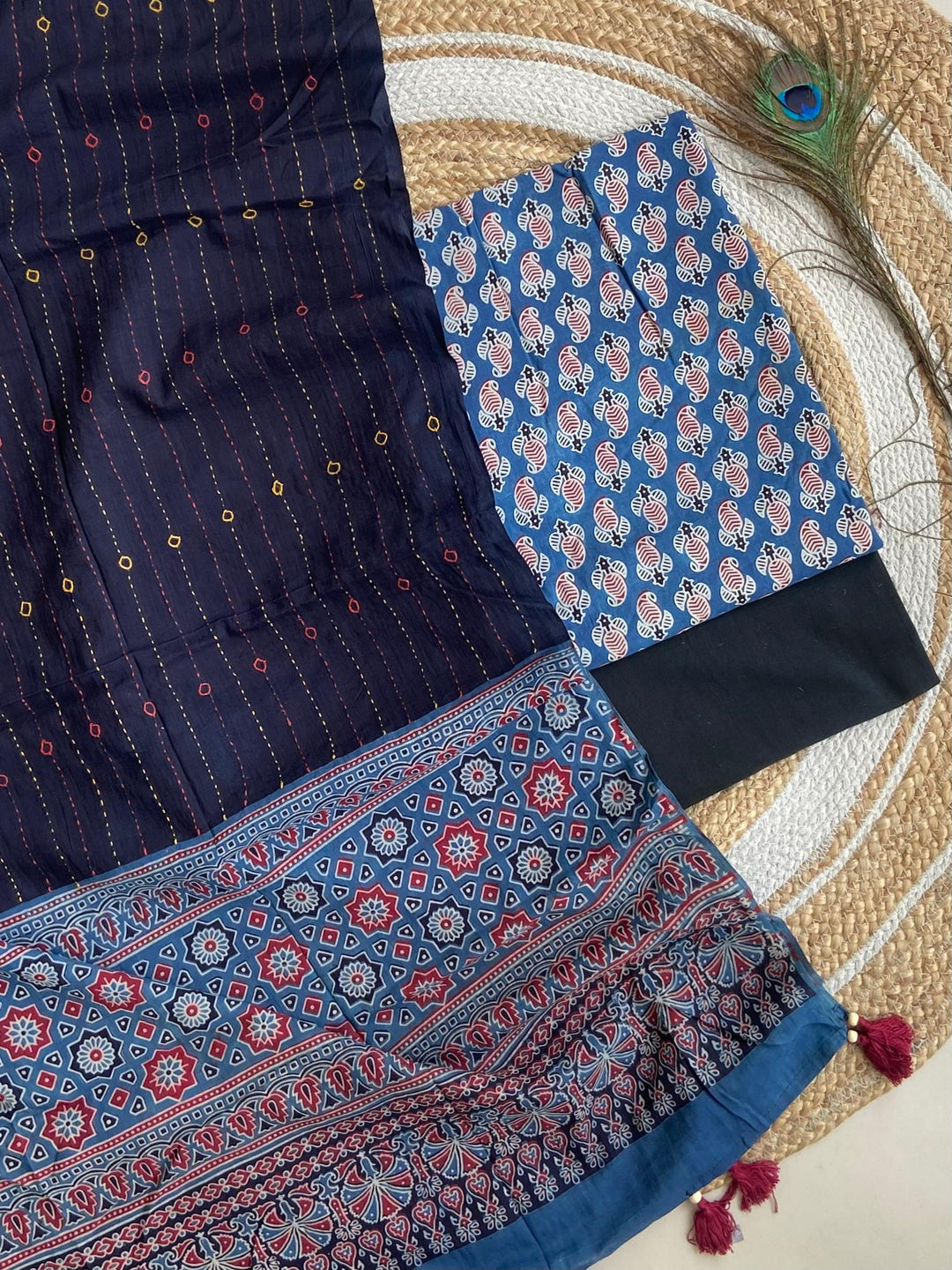 Pure Cotton Azrakh Print Unstitched suit Whit Kantha Work Dupatta