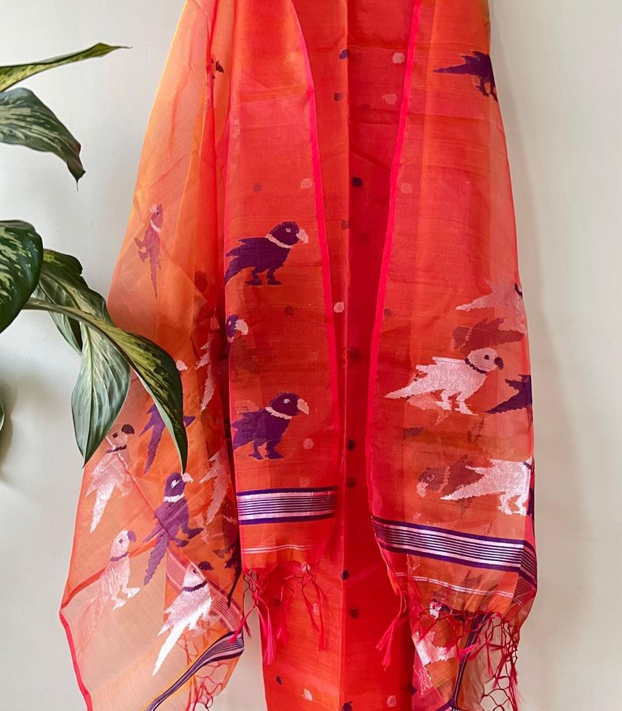 Pure Maslin Silk 2PC Jamdani Unstitched Suit With Bird Motif