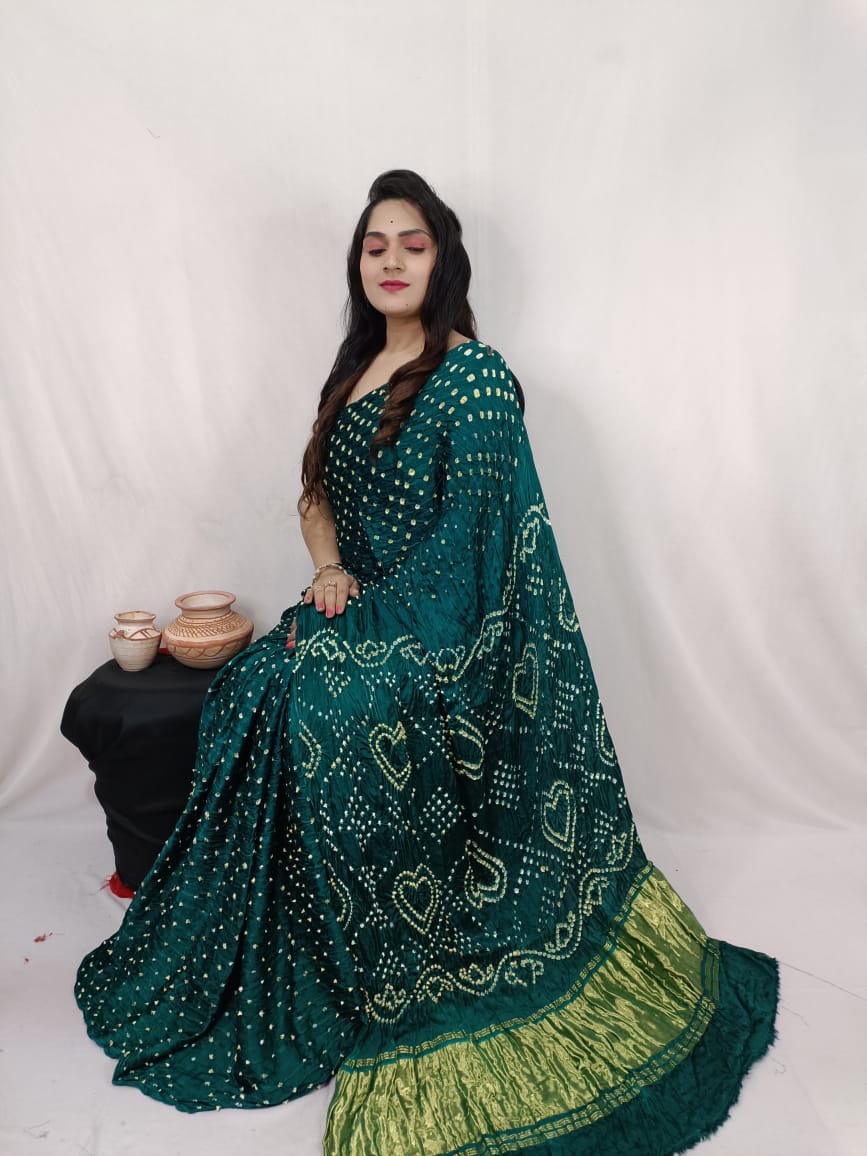 Pure Natural Dyeing Hand Block Bandhej Print Modal silk saree.