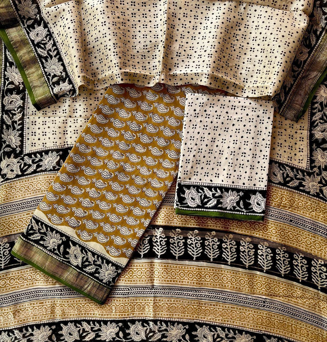 Pure Maheshwari Silk Hand block print Unstitched Suit.