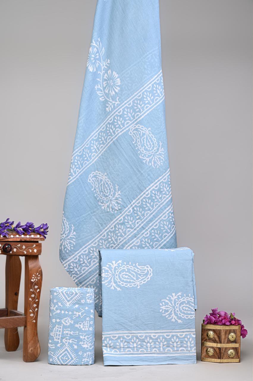 Pure Cotton Hand Block Printed Unstitched Suit Set With Cotton dupatta.