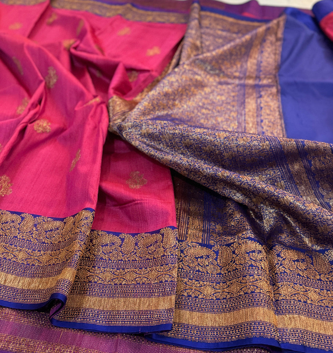 HandloomPure Banarasi Tussar Silk Saree With Kadhuwa Border Work.