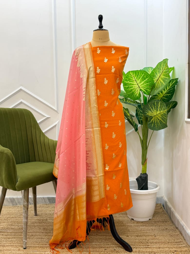 Banarasi Chanderi Lorex Zari Work Unstitched Suit.|TEMPLE BORDER |