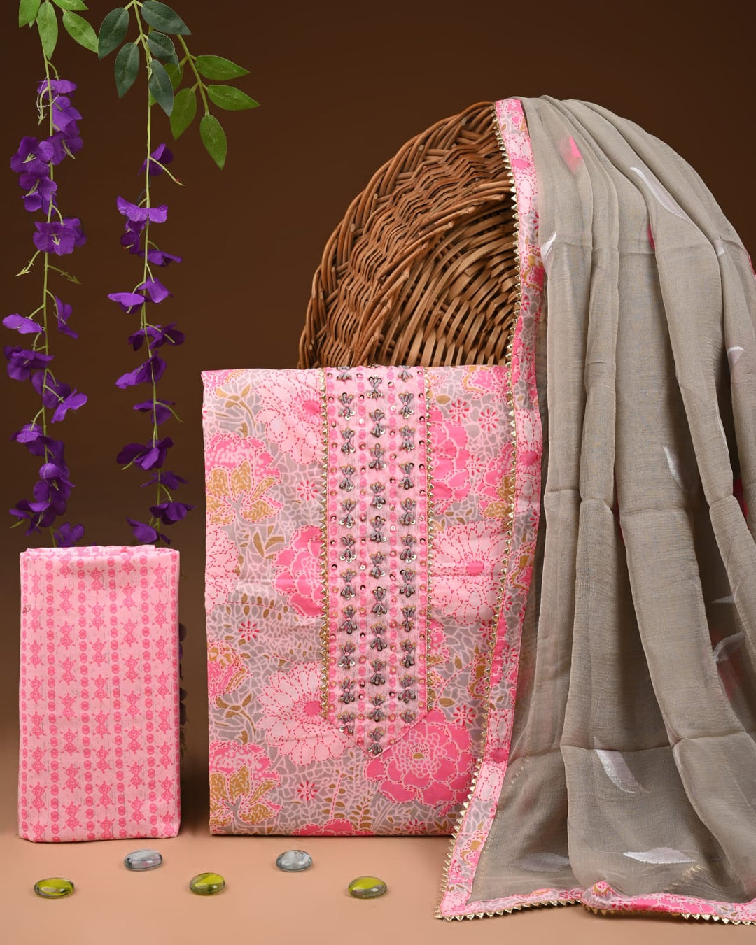 Pure Cotton Gotta patti Work unstitched Suit With Chiffon Dupatta.