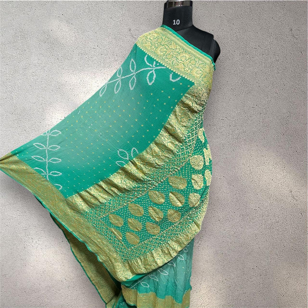 Pure Khaddi Georgette Handloom Neem Zari Work saree With Raiy Bandhej .