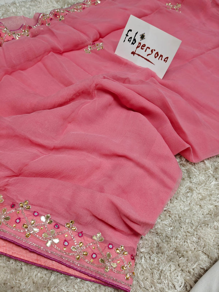 Pure chinon Jerkin work saree With Blouse.