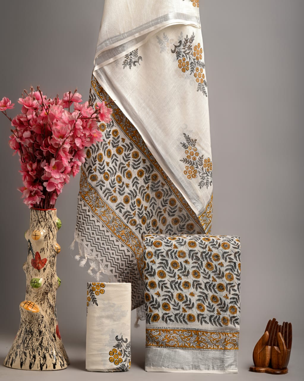 Hand Block Printed Linen Unstitched Suit .