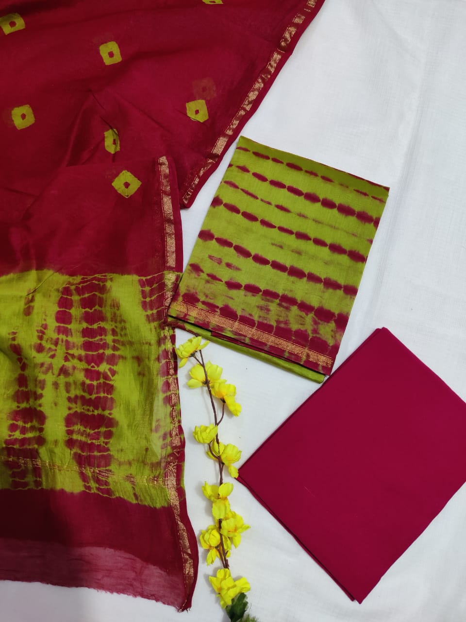 Pure Hand Block Chanderi Silk Unstitched Suit.