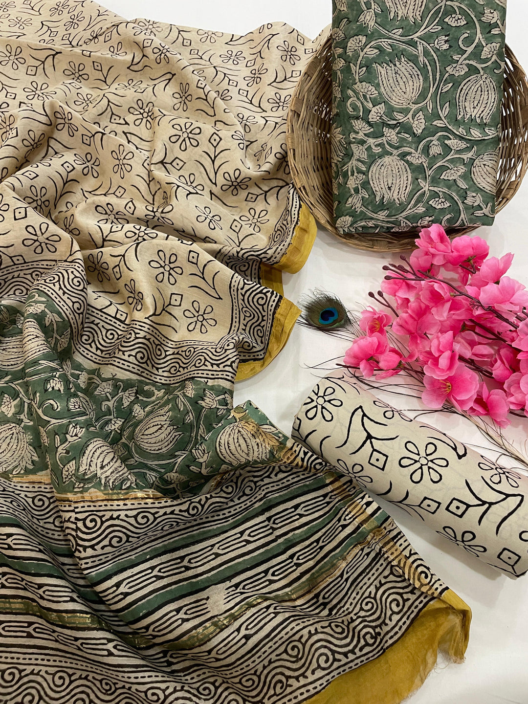 Pure Hand Block Chanderi Silk Unstitched Suit.