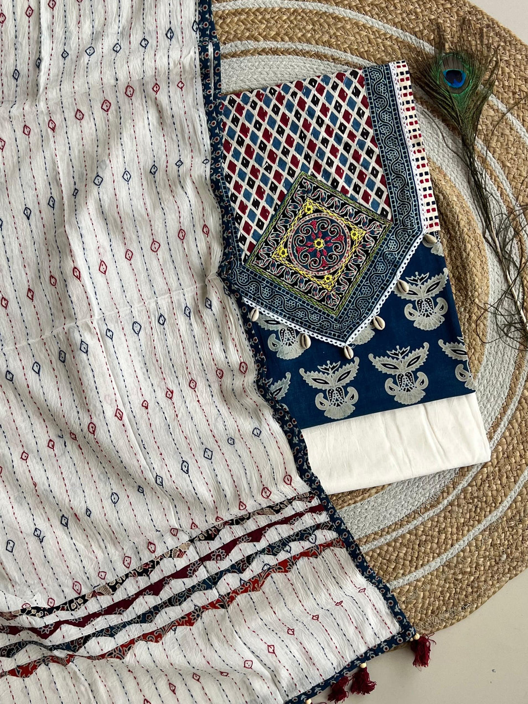 Pure Cotton Azrakh Print Unstitched suit With Patch Work Dupatta