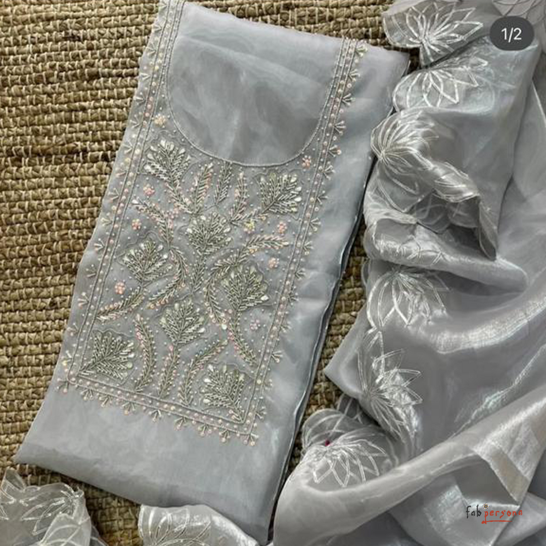 Organza Hand Work Unstitched Suit with Shantoon Bottom