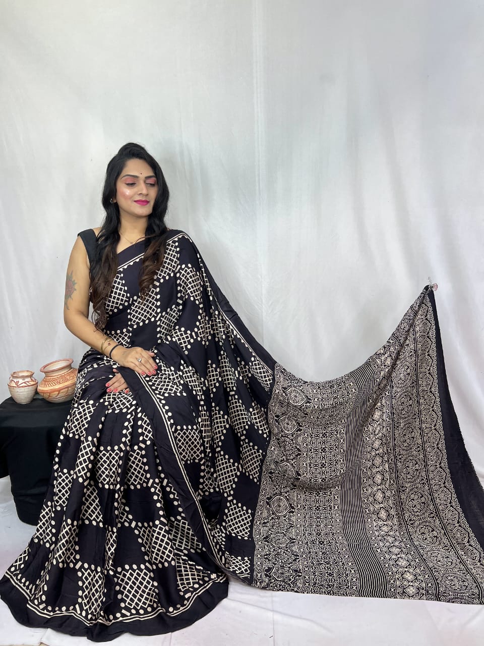 Pure Natural Dyeing Hand Block Print Modal silk saree.