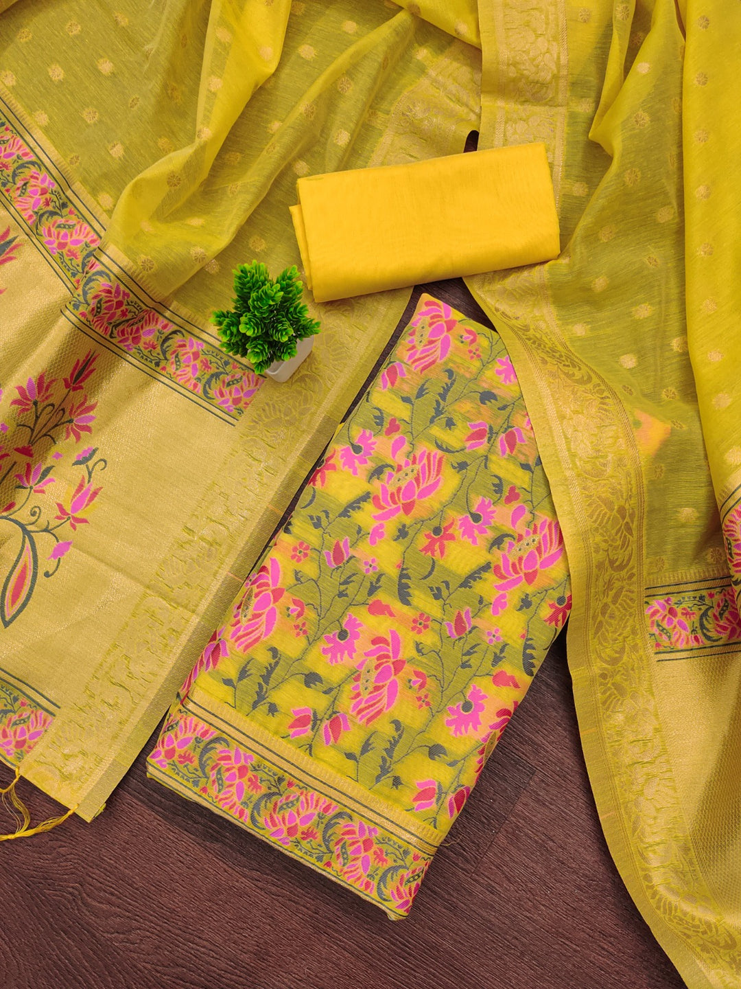 Pure Banarasi Cotton Jamdani Weaved Zari And Meenakari Work Unstitched Suit .